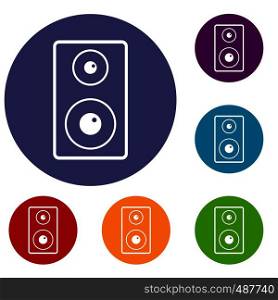 Subwoofer icons set in flat circle red, blue and green color for web. Subwoofer icons set