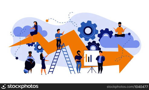Success advance business plan boost vector concept illustration. Cartoon people bank bond teamwork with arrow. Achievement person career ambition leadership job. Marketing performance promotion ahead