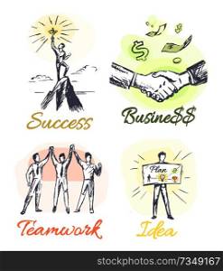 Success and business collection of posters with headlines and businesspeople, teamwork and idea represented on paper isolated on vector illustration. Success and Business Posters Vector Illustration