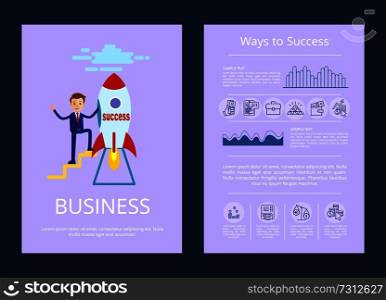 Success and business set, businessman on launching rocket, icons and charts with s&le text represented in picture on vector illustration. Success and Business Set on Vector Illustration
