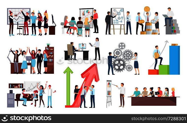 Success at work and its celebration, growth shown on interactive board and people at meeting listening to presentation vector illustration. Success at Work and Growth Vector Illustration