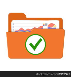 Success audit concept. Open folder icon, documents with charts and green tick check mark. Vector illustration in flat style. Success audit concept.