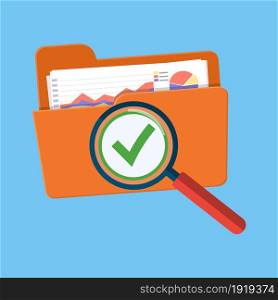Success audit concept. Open folder icon, documents with charts and green tick check mark. Vector illustration in flat style. Success audit concept.