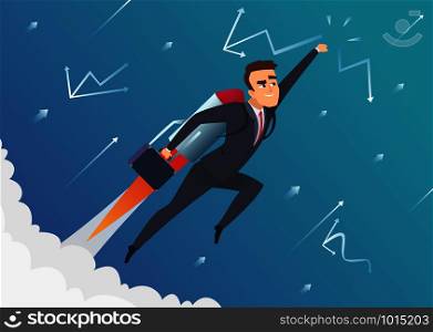 Success business. Businessman goes on to the moon flying on startup speed rocket improvement lift off vector concept. Businessman startup innovation, cartoon successful man illustration. Success business. Businessman goes on to the moon flying on startup speed rocket improvement lift off vector concept