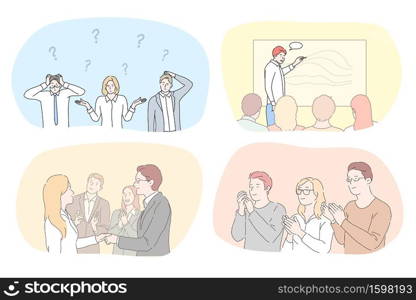 Success, business, leadership, meeting, partnership, brainstorming, communication set. Teams of businessmen women coworkers managers think about problem applauding participating in conference together. Success, business, leadership, conference, meeting, partnership, brainstorming, communication set concept