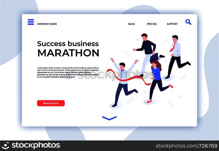 Success business marathon. Successful startup, businessman winner and professional triumph landing page. Sprint running competition, business team career winners isometric vector illustration. Success business marathon. Successful startup, businessman winner and professional triumph landing page isometric vector illustration
