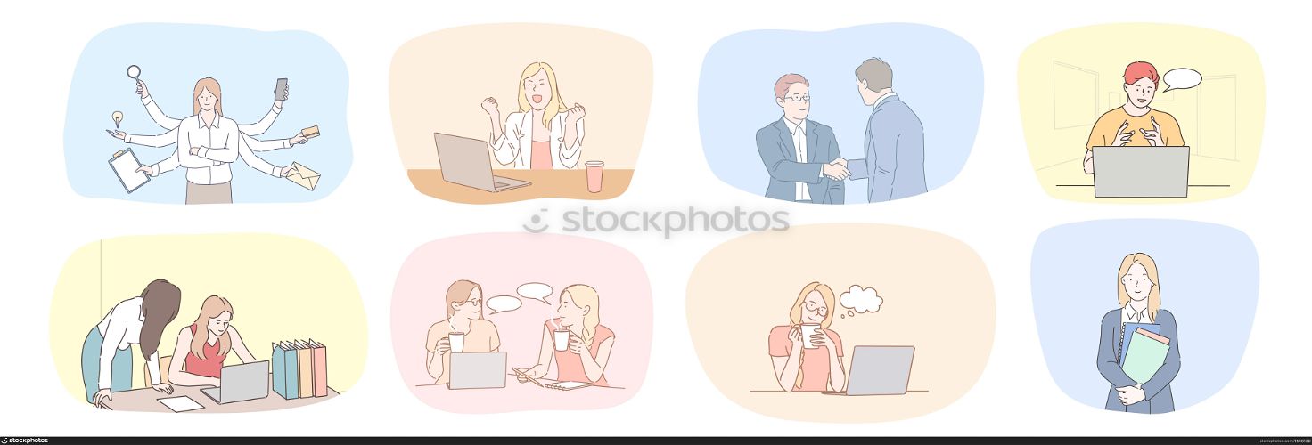 Success, business, meeting, partnership, greeting, multitasking, communication, teamwork set concept. Collection of businessmen women clerks managers working together making deal talking in office.. Success, business, meeting, greeting, multitasking, communication, teamwork set concept