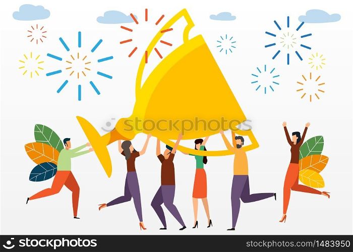 Success business team concept illustration. Small people celebrate success achievement by holding a big trophy. can be use for landing page. template. vector illustration.