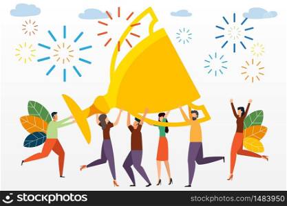 Success business team concept illustration. Small people celebrate success achievement by holding a big trophy. can be use for landing page. template. vector illustration.