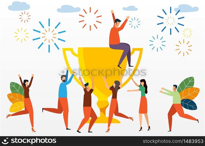 Success business team concept illustration. Small people celebrate success achievement with a big trophy. can be use for landing page. template. vector illustration.