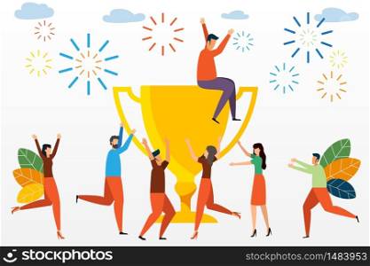 Success business team concept illustration. Small people celebrate success achievement with a big trophy. can be use for landing page. template. vector illustration.