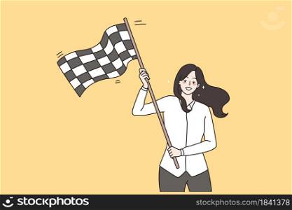 Success, business victory and celebrating concept. Young smiling business woman standing waving checkered flag to celebrate victory vector illustration . Success, business victory and celebrating concept