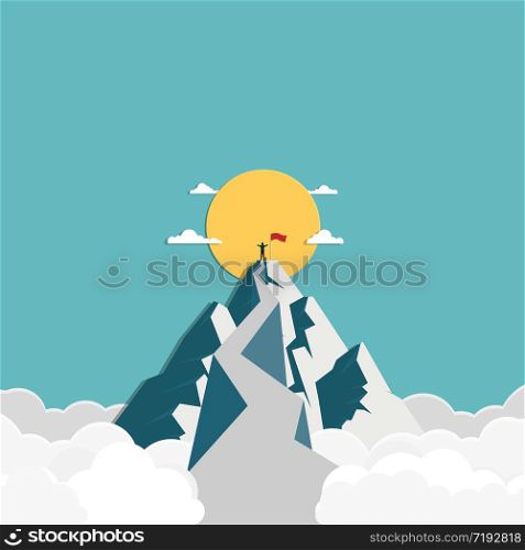 Success businessman stands on top of the mountain, business finance concept, achievement, leadership, vector illustration flat style