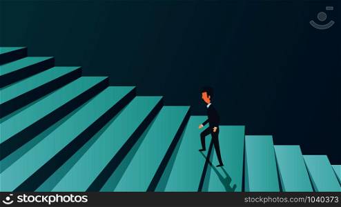 Success career businessman concept background. Future ambition growth personal motivation. Man climb in stairs step on business. Vector illustration job challenge promotion. Coach work target high up.