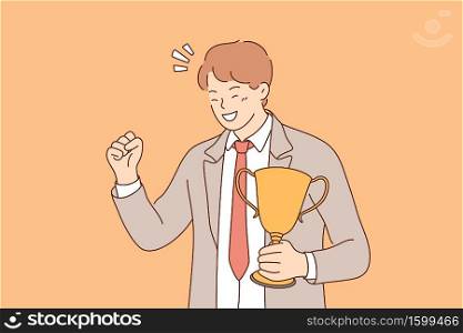 Success, celebration, win, goal achievement, business concept. Happy smiling young businessman clerk leader stands with cup, celebrating victory. Reaching purposes and winning competition illustration. Success, celebration, win, goal achievement, business concept.