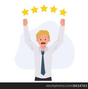 success concept. businessman is happy with five stars rating above. Flat vecctor cartoon illustration