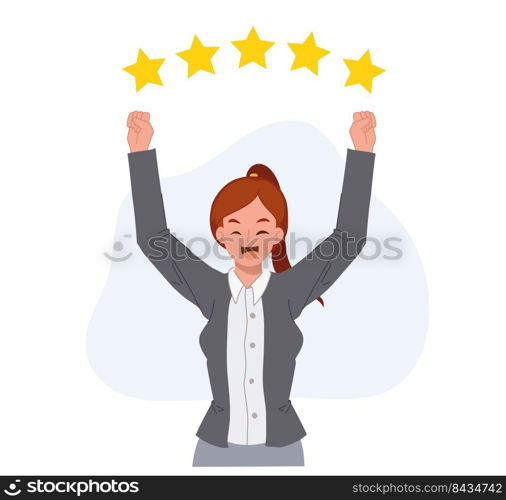 success concept. businesswoman is happy with five stars rating above. Flat vecctor cartoon illustration