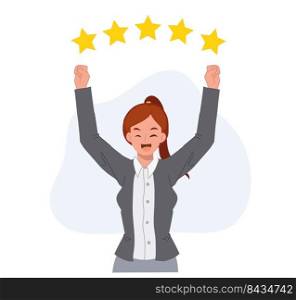 success concept. businesswoman is happy with five stars rating above. Flat vecctor cartoon illustration