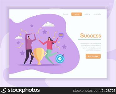 Success concept flat landing page design with clickable buttons text and images of people with icons vector illustration. Success Concept Landing Page