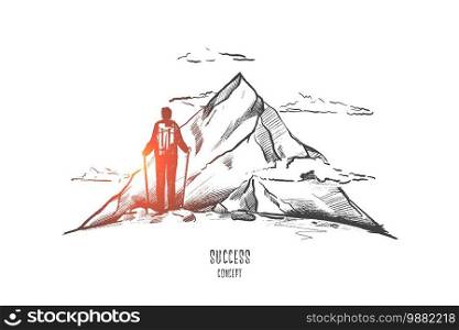 Success concept. Hand drawn person on top of mountain as symbol of success. Man with backpack trekking isolated vector illustration.. Success concept. Hand drawn isolated vector.