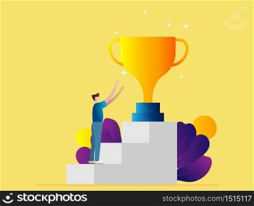 success concept man on stairs to gold cup trophy cartoon vector illustration flat design