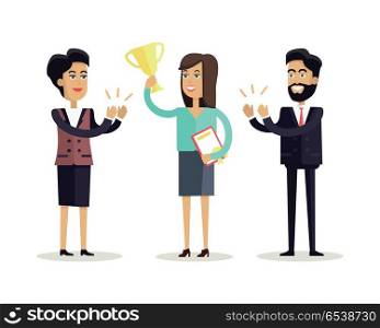 Success Concept Vector in Flat Design. . Success concept vector in flat style. Successful woman raises cup above her head and receives applause from colleagues. Illustration for business concepts, web pages design, infographics.