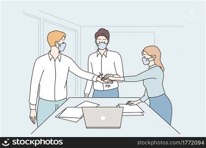 Success, cooperation, teamwork during covid-19 concept. Young business partners workers in face medical masks shaking hands meaning agreement in office during pandemic vector illustration . Success, cooperation, teamwork during covid-19 concept