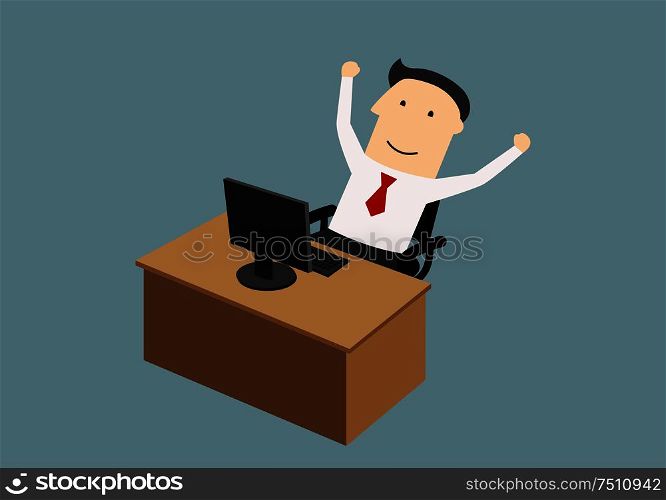 Success, goal achievement or good news concept. Happy businessman sitting neap computer and enjoying success with raised hands