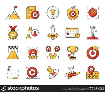 Success, goal and target, business leadership and management color outline icons. Vector flag on mountain peak, arrow in target, winner first place and apple in aim. Person fly on rocket, racing track. Success, goal and target, business leadership set