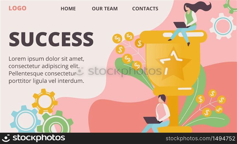Success Horizontal Banner. Business Woman Sitting on Top of Huge Golden Cup with Star Sign, Business Girl Sit at Bottom of Goblet, Competition, Goal Achievement Trophy Cartoon Flat Vector Illustration. Business Woman Sitting on Top of Huge Golden Cup