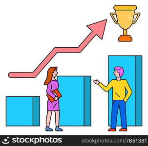 Success if team of man and woman. Successful teamwork of personages talking about problems. Infochart with raising arrow and golden cup prize. Award for best work line art in flat style vector. Business Success of Teamwork, Prize Cup Vector