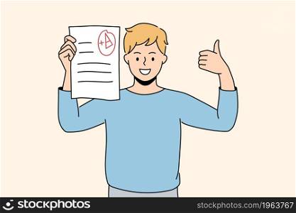 Success in education and learning concept. Smiling boy schoolboy pupil standing holding educational exam with excellent result in hands feeling cheerful vector illustration . Success in education and learning concept