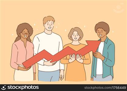Success, international team, development concept. Young happy multi ethnic business team holding red statistical arrow meaning profit growing and business strength vector illustration . Success, international team, development concept