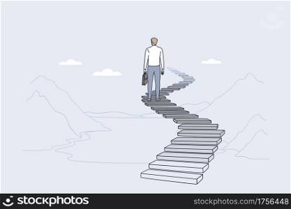 Success, leadership, achieving goal concept. Back of businessman standing on ladder forward and looking ahead for new possibilities and development vector illustration . Success, leadership, achieving goal concept