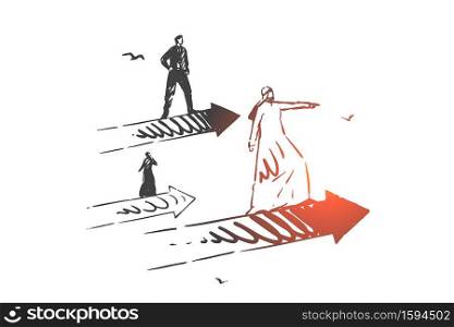 Success, leadership, startup, research concept sketch. Business people Arabian and European going forward on growth indicators. Hand drawn isolated vector illustration. Success, leadership, startup, research concept sketch. Hand drawn isolated vector illustration