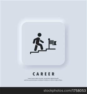 Success logo. Career icon. Businessman walking upstairs to the flag. Progress and achievement the goal. Aspirations, growth, leadership. Vector. Neumorphic UI UX white user interface web button.