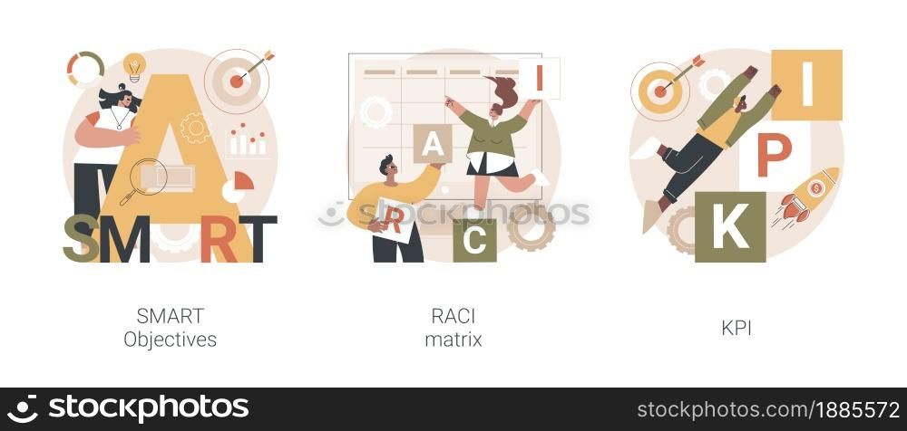 Success measurement abstract concept vector illustration set. SMART objectives, RACI matrix, KPI relevant strategy, responsibility chart, project management, company growth abstract metaphor.. Success measurement abstract concept vector illustrations.