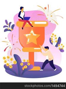 Success Metaphor. Business Person Sit on Top of Huge Golden Goblet with Engraved Star Sign, Businessman Stand at Bottom of Cup, Competition, Goal Achievement, Trophy Cartoon Flat Vector Illustration. Business Person Sitting on Top of Golden Goblet