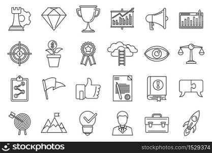 Success mission icons set. Outline set of success mission vector icons for web design isolated on white background. Success mission icons set, outline style