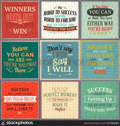 Success money freedom motivational quotes colored emblems set isolated vector illustration