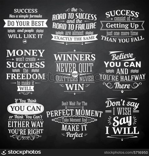 Success motivational and inspirational quotes chalkboard emblems set isolated vector illustration
