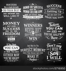 Success motivational and inspirational quotes chalkboard emblems set isolated vector illustration