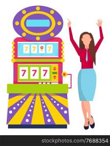 Success of playing game machine, female player with rising hands, gambling entertainment. 777 winning icons, winner woman in casino, lucky gamer vector. Winner and Game Machine, Casino and Gamer Vector