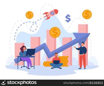 Success of startup managers working near growth of profit chart. Financial achievement, work progress and rocket launch of tiny corporate people flat vector illustration. Finance, opportunity concept. Success of startup managers working near growth of profit chart