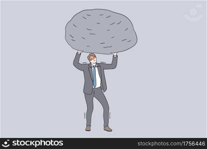 Success, power, strength and stamina concept. Powerful businessman cartoon character in grey suit standing and holding huge stone above head feeling tired and exhausted vector illustration . Success, power, strength and stamina concept