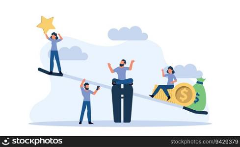 Success star with balance weight scale vector concept illustration. Man and woman flat feedback background evaluation best rating customer. Achievement character award work dream. Job goal creative