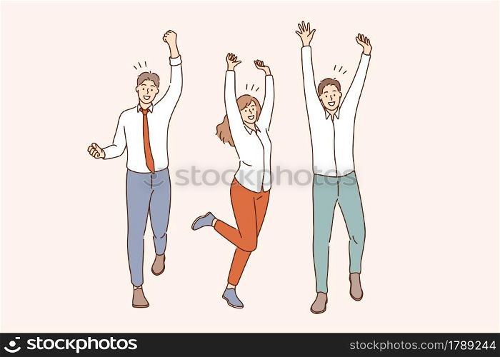 Success, teamwork, celebrating victory concept. Group of young smiling positive business people cartoon characters standing with raised hands celebrating victory together . Success, teamwork, celebrating victory concept.
