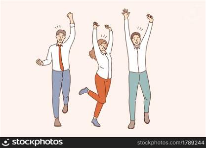 Success, teamwork, celebrating victory concept. Group of young smiling positive business people cartoon characters standing with raised hands celebrating victory together . Success, teamwork, celebrating victory concept.