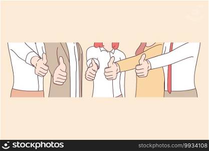 Success, teamwork, cooperation concept. Group of business people workers standing together and showing thumbs up signs with fingers in office vector illustration . Success, teamwork, cooperation concept