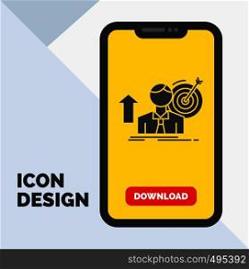 success, user, target, achieve, Growth Glyph Icon in Mobile for Download Page. Yellow Background. Vector EPS10 Abstract Template background